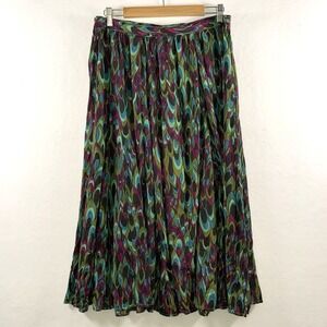 Vintage Womens Colorful Rayon Midi Skirt M Abstract Peacock Boho Festival‎ Flowy